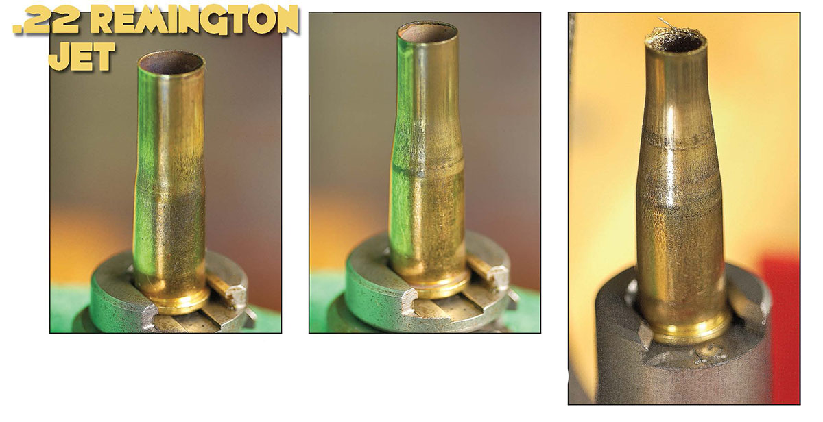 The Redding #1 form die narrows the neck down for the next step. The #2 form die takes the 357 magnum case neck down to .298 inch in preparation for the file and form die. With the file and form die, an extended shellholder is required. This case is ready to be checked for length and chamfered.